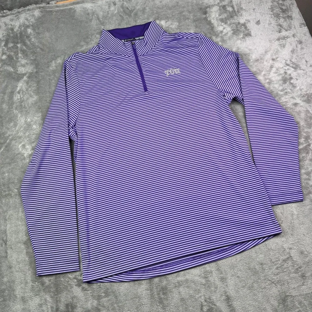 Southern Tide TCU Horned Frogs 1/4 Zip Pullover Men L Purple Striped Performance